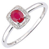 0.52ct Oval Ruby and Round Diamond Halo Ring in UK Hallmarked 9ct White Gold